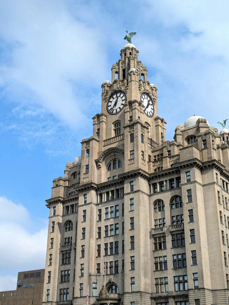 Classic view of the Royal Liver Building with clock towers in Liverpool, UK.