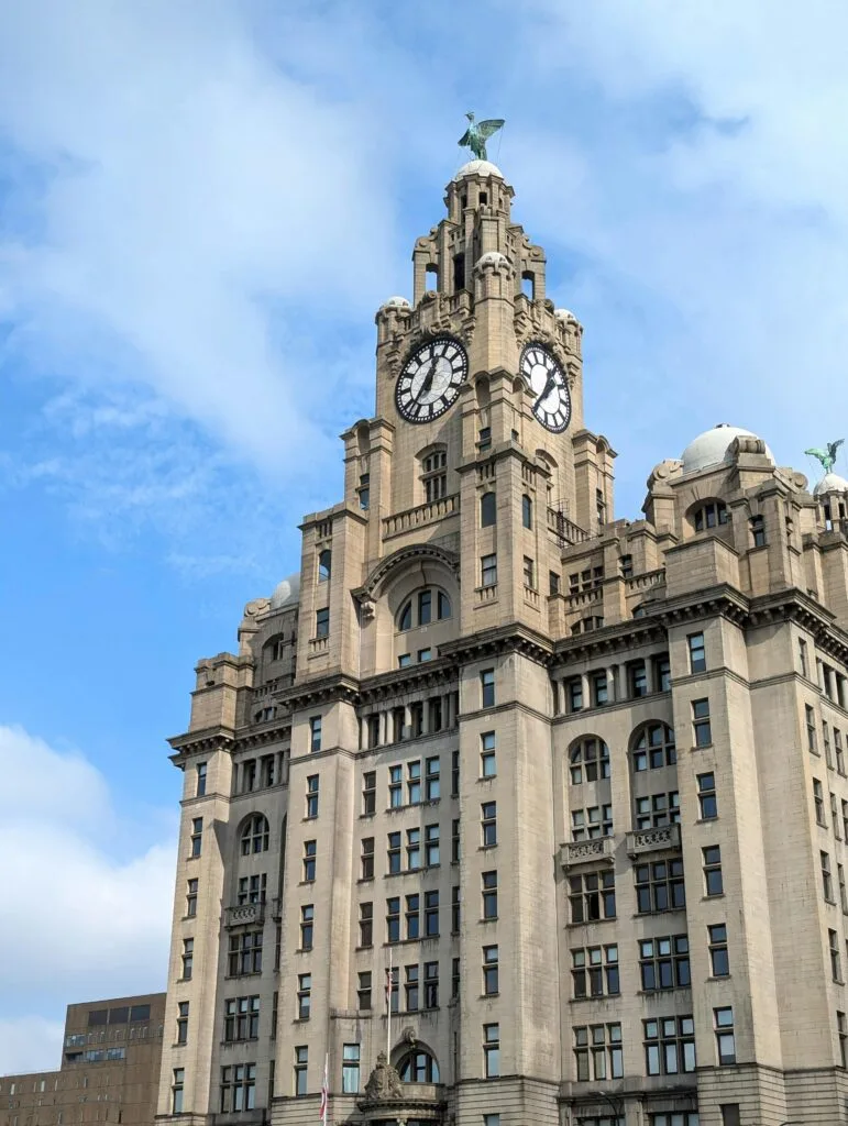 Classic view of the Royal Liver Building with clock towers in Liverpool, UK.