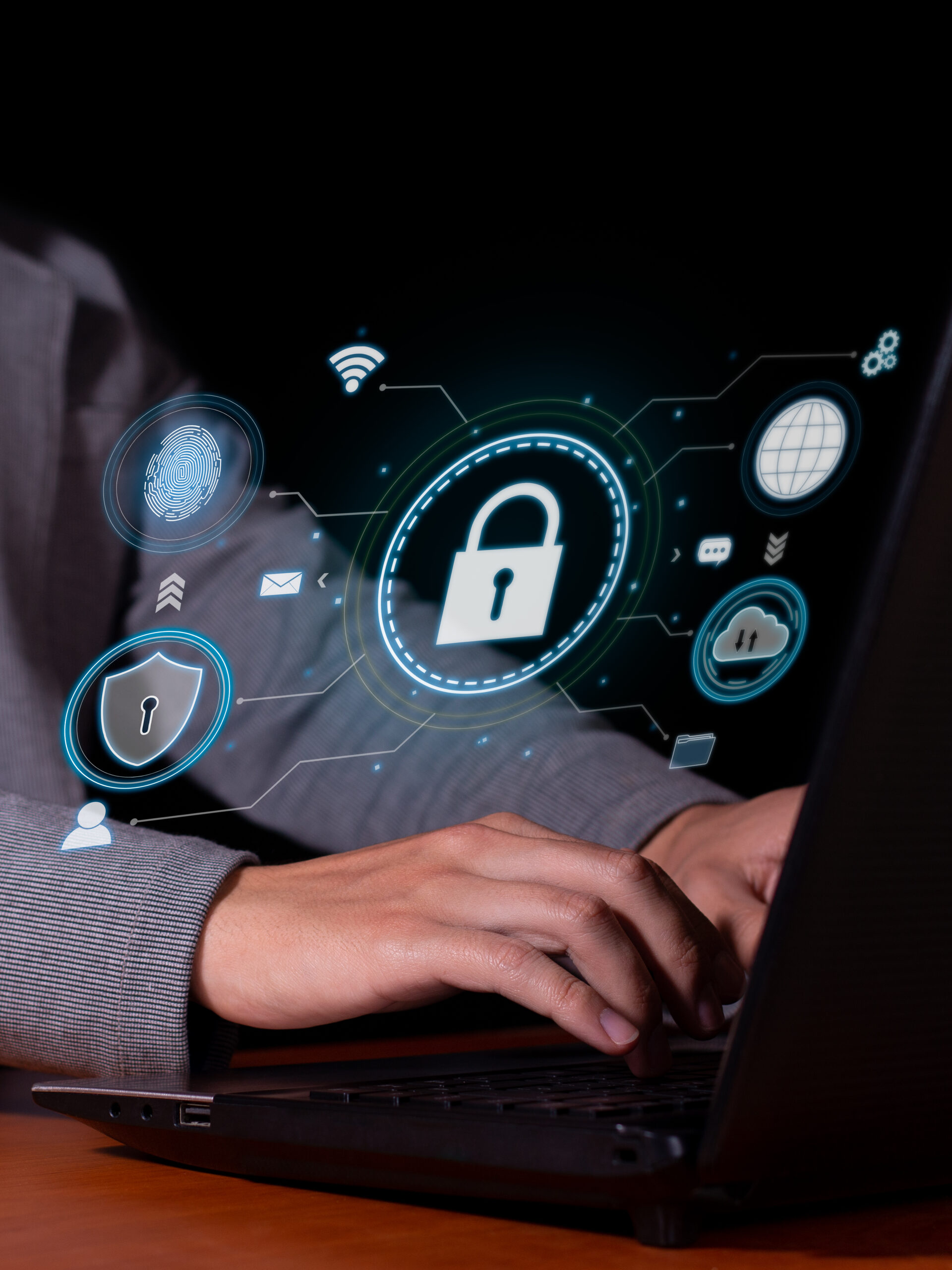 Vertical image of Advanced Cybersecurity: Encryption and Digital Data Protection, Biometric Authentication and Cloud Protection. Vertical image of Advanced Cybersecurity: Encryption and Digital Data Protection, Biometric Authentication and Cloud Protection.