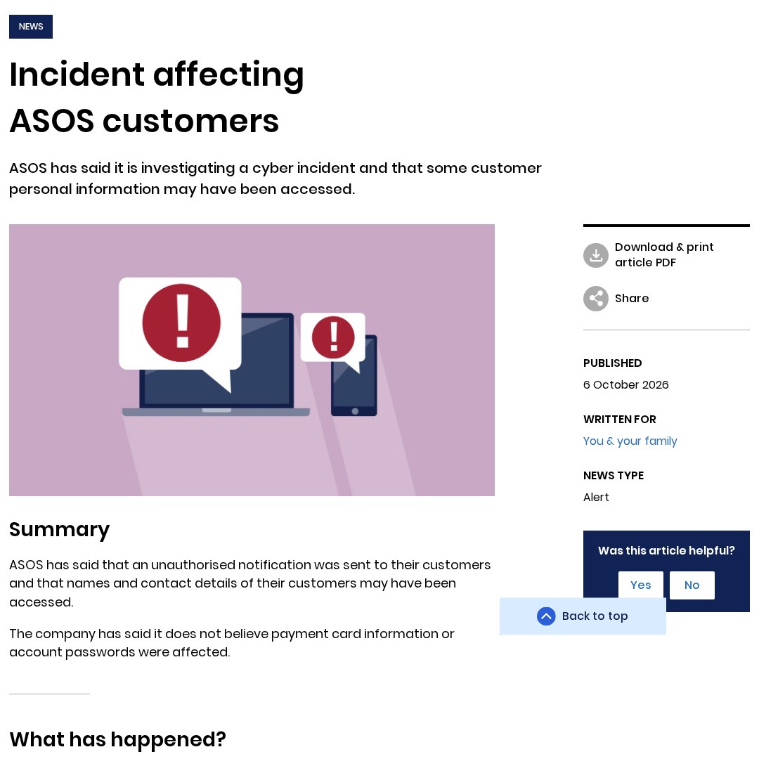 NCSC alert: Incident affecting ASOS customers, published 6 October 2026